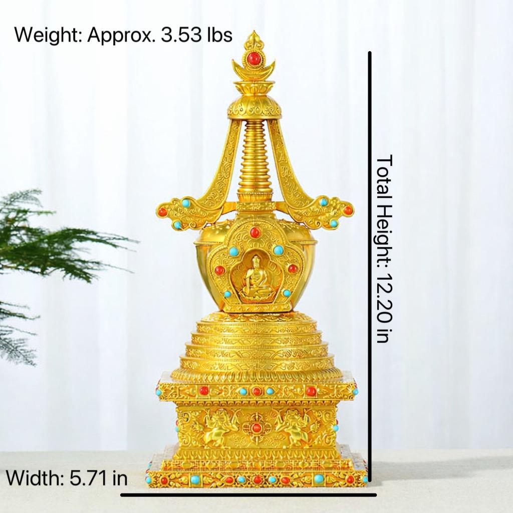 Gold Gilt Brass Buddhist Stupa Pagoda | Tibetan Relic Tower | Sacred Altar & Meditation Home Decor