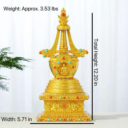 Gold Gilt Brass Buddhist Stupa Pagoda | Tibetan Relic Tower | Sacred Altar & Meditation Home Decor