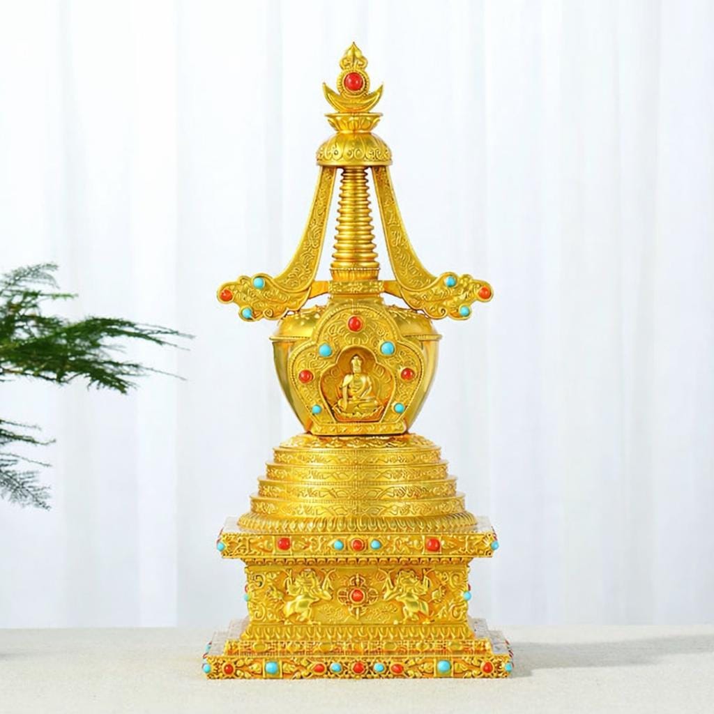 Gold Gilt Brass Buddhist Stupa Pagoda | Tibetan Relic Tower | Sacred Altar & Meditation Home Decor