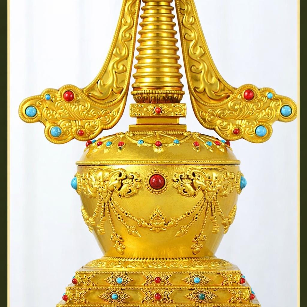 Gold Gilt Brass Buddhist Stupa Pagoda | Tibetan Relic Tower | Sacred Altar & Meditation Home Decor