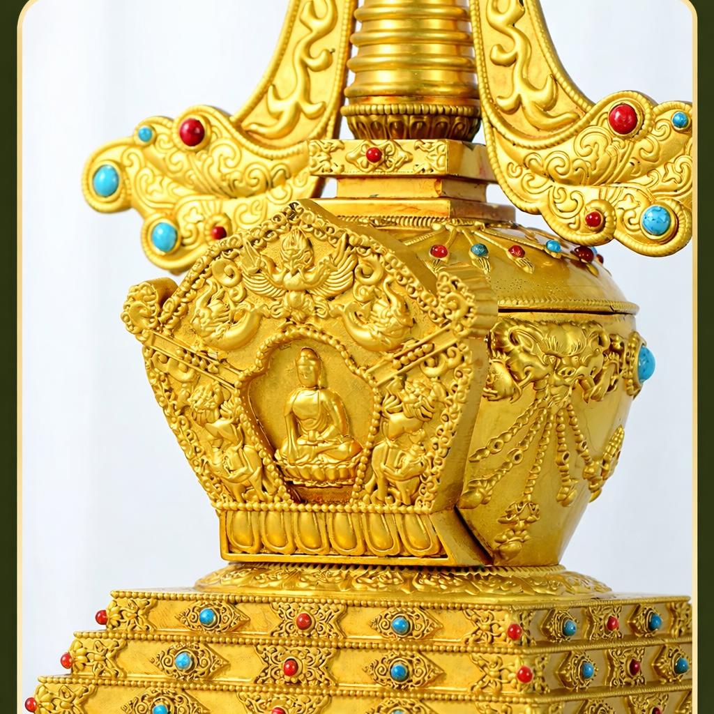 Gold Gilt Brass Buddhist Stupa Pagoda | Tibetan Relic Tower | Sacred Altar & Meditation Home Decor