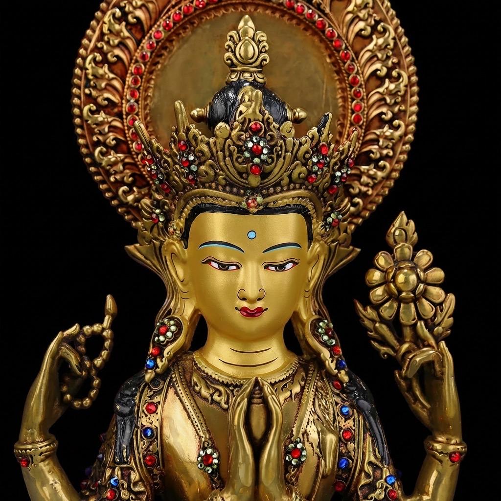 Tibetan Four-Armed Chenrezig Statue - 10" Bronze Avalokiteshvara Buddha Figurine for Home Altar Sacred Buddhist Decor