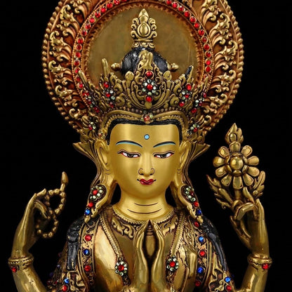 Tibetan Four-Armed Chenrezig Statue - 10" Bronze Avalokiteshvara Buddha Figurine for Home Altar Sacred Buddhist Decor
