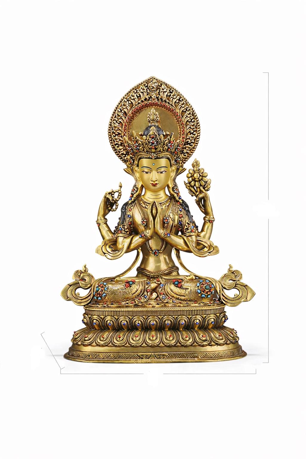 Tibetan Four-Armed Chenrezig Statue - 10" Bronze Avalokiteshvara Buddha Figurine for Home Altar Sacred Buddhist Decor