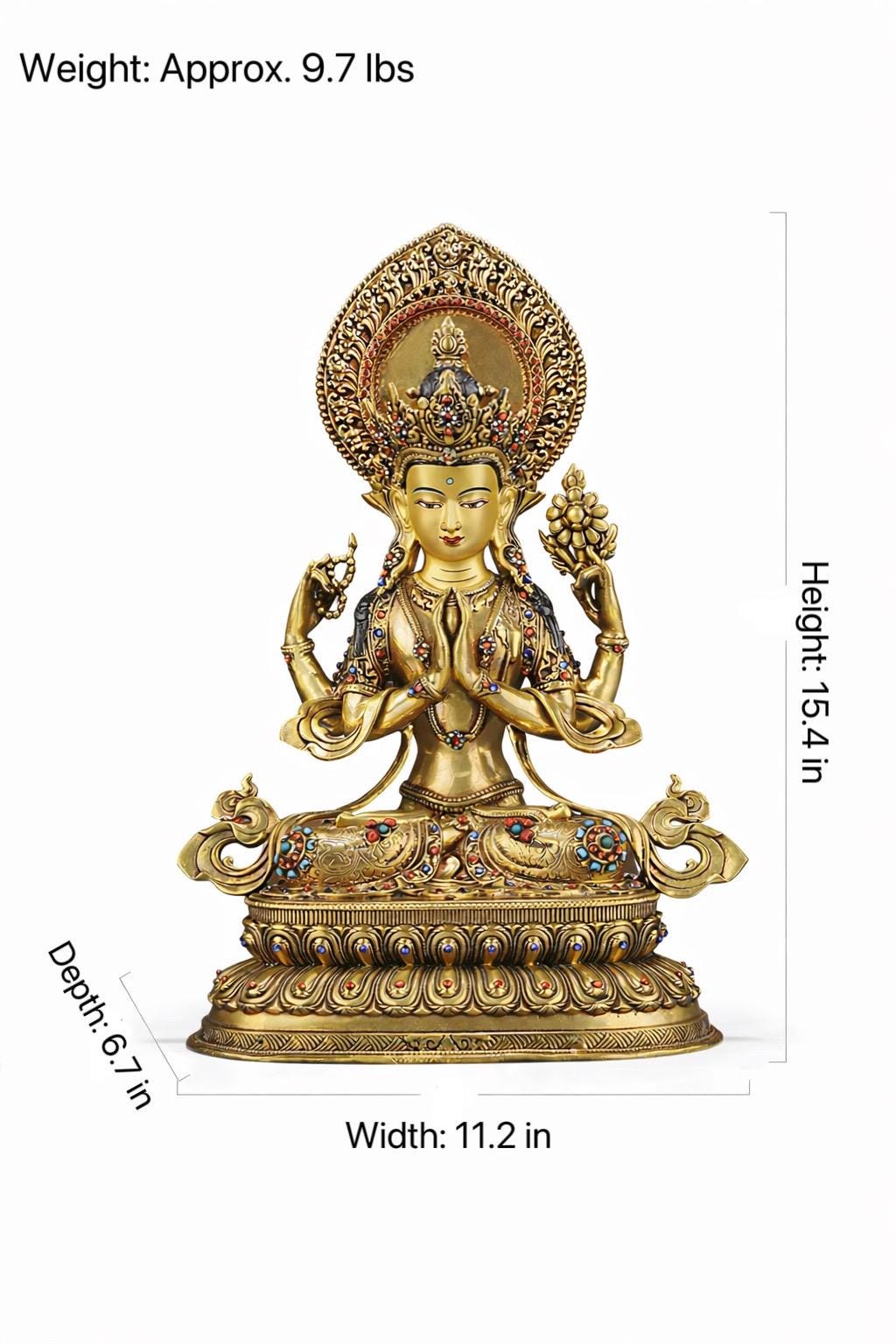 Tibetan Four-Armed Chenrezig Statue - 10" Bronze Avalokiteshvara Buddha Figurine for Home Altar Sacred Buddhist Decor
