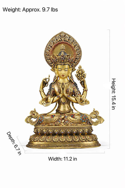 Tibetan Four-Armed Chenrezig Statue - 10" Bronze Avalokiteshvara Buddha Figurine for Home Altar Sacred Buddhist Decor