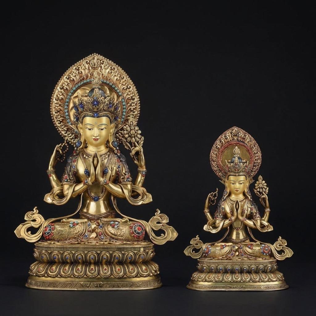 Tibetan Four-Armed Chenrezig Statue - 10" Bronze Avalokiteshvara Buddha Figurine for Home Altar Sacred Buddhist Decor