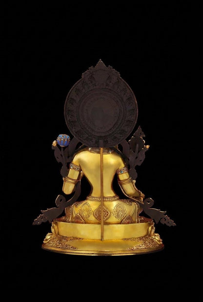 Nepali Handcrafted Green Tara Statue Gold Gilded Bronze Tibetan Buddha Goddess Figurine for Home Altar Decor, Zen Spiritual Healing Gift