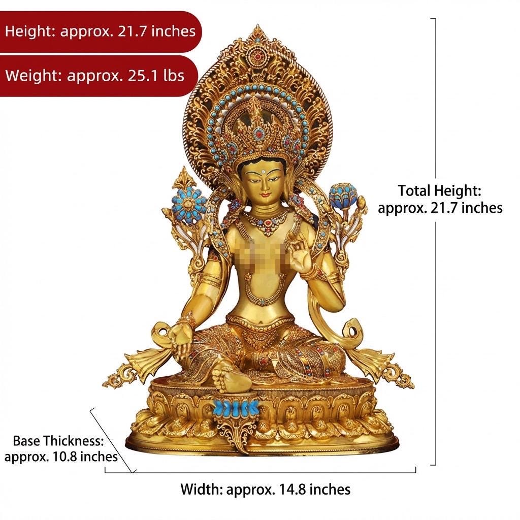 Nepali Handcrafted Green Tara Statue Gold Gilded Bronze Tibetan Buddha Goddess Figurine for Home Altar Decor, Zen Spiritual Healing Gift