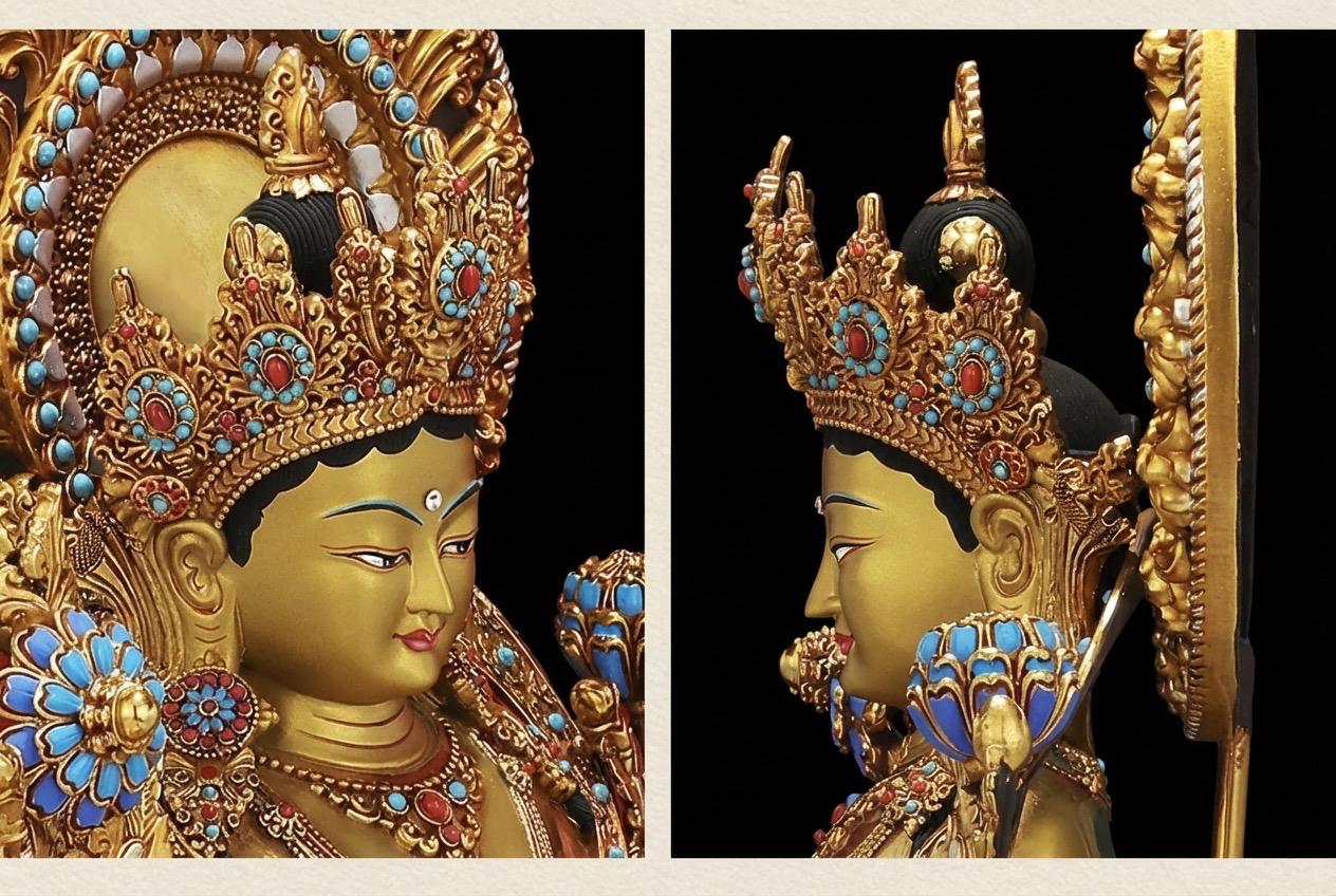 Nepali Handcrafted Green Tara Statue Gold Gilded Bronze Tibetan Buddha Goddess Figurine for Home Altar Decor, Zen Spiritual Healing Gift