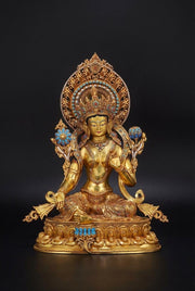 Nepali Handcrafted Green Tara Statue Gold Gilded Bronze Tibetan Buddha Goddess Figurine for Home Altar Decor, Zen Spiritual Healing Gift