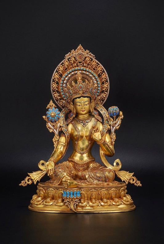 Nepali Handcrafted Green Tara Statue Gold Gilded Bronze Tibetan Buddha Goddess Figurine for Home Altar Decor, Zen Spiritual Healing Gift