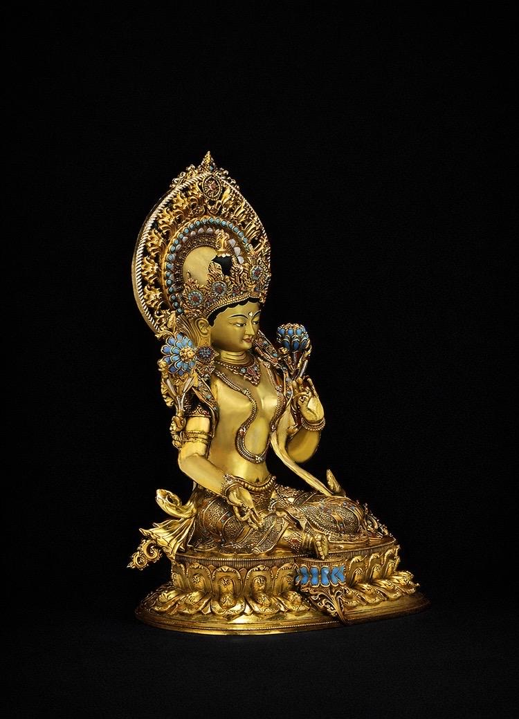 Nepali Handcrafted Green Tara Statue Gold Gilded Bronze Tibetan Buddha Goddess Figurine for Home Altar Decor, Zen Spiritual Healing Gift