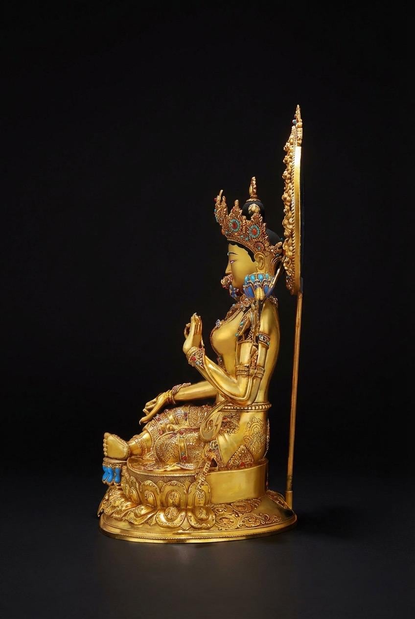 Nepali Handcrafted Green Tara Statue Gold Gilded Bronze Tibetan Buddha Goddess Figurine for Home Altar Decor, Zen Spiritual Healing Gift