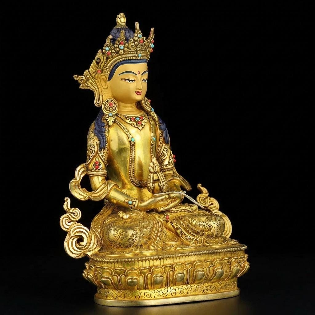 Tibetan Longevity Buddha (Amitayus) - Hand-Carved Copper Statue from Nepal - Buddhist Healing & Long Life Deity for Zen Home