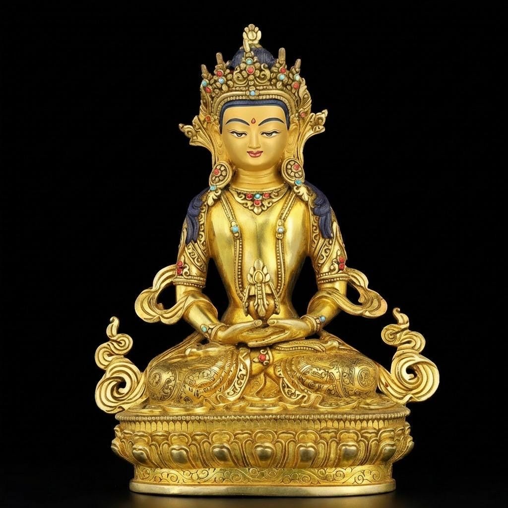 Tibetan Longevity Buddha (Amitayus) - Hand-Carved Copper Statue from Nepal - Buddhist Healing & Long Life Deity for Zen Home