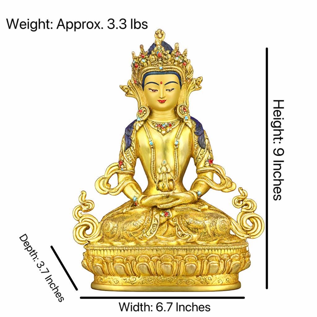 Tibetan Longevity Buddha (Amitayus) - Hand-Carved Copper Statue from Nepal - Buddhist Healing & Long Life Deity for Zen Home