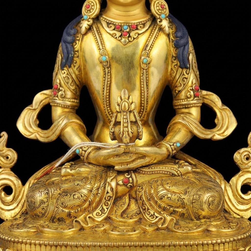 Tibetan Longevity Buddha (Amitayus) - Hand-Carved Copper Statue from Nepal - Buddhist Healing & Long Life Deity for Zen Home
