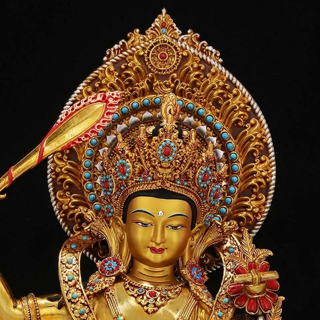 Nepal Handmade Copper Gilt Manjushri Statue, Gold Plated Bodhisattva of Wisdom, Tibetan Buddhist Altar Decor, Zen Gift