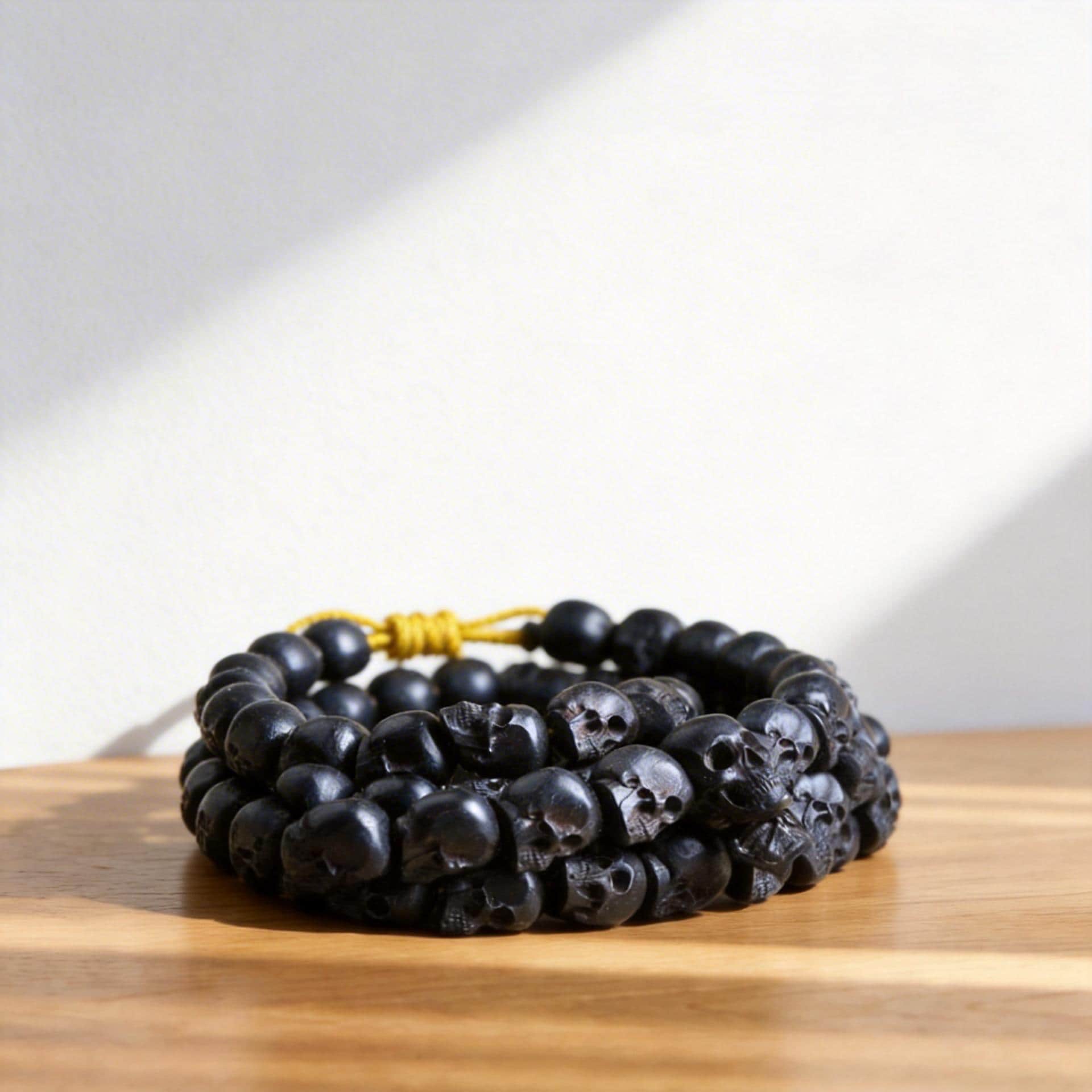 Natural Black Sandalwood Skull Mala Bracelet: Tibetan Buddhist Prayer 108 Beads