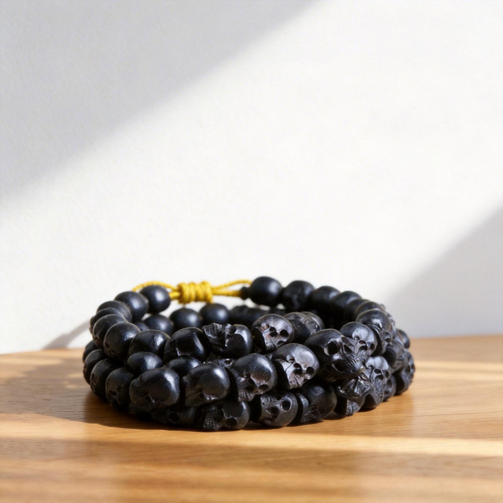 Natural Black Sandalwood Skull Mala Bracelet: Tibetan Buddhist Prayer 108 Beads