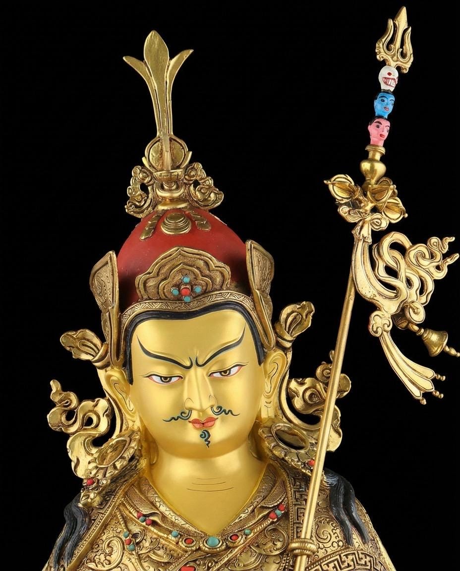 Handmade Nepalese Padmasambhava Statue - Hand-Chiseled Copper Guru Rinpoche - Rare Tibetan Buddhist Art - 21.26" Large Lotus Master Sculptur