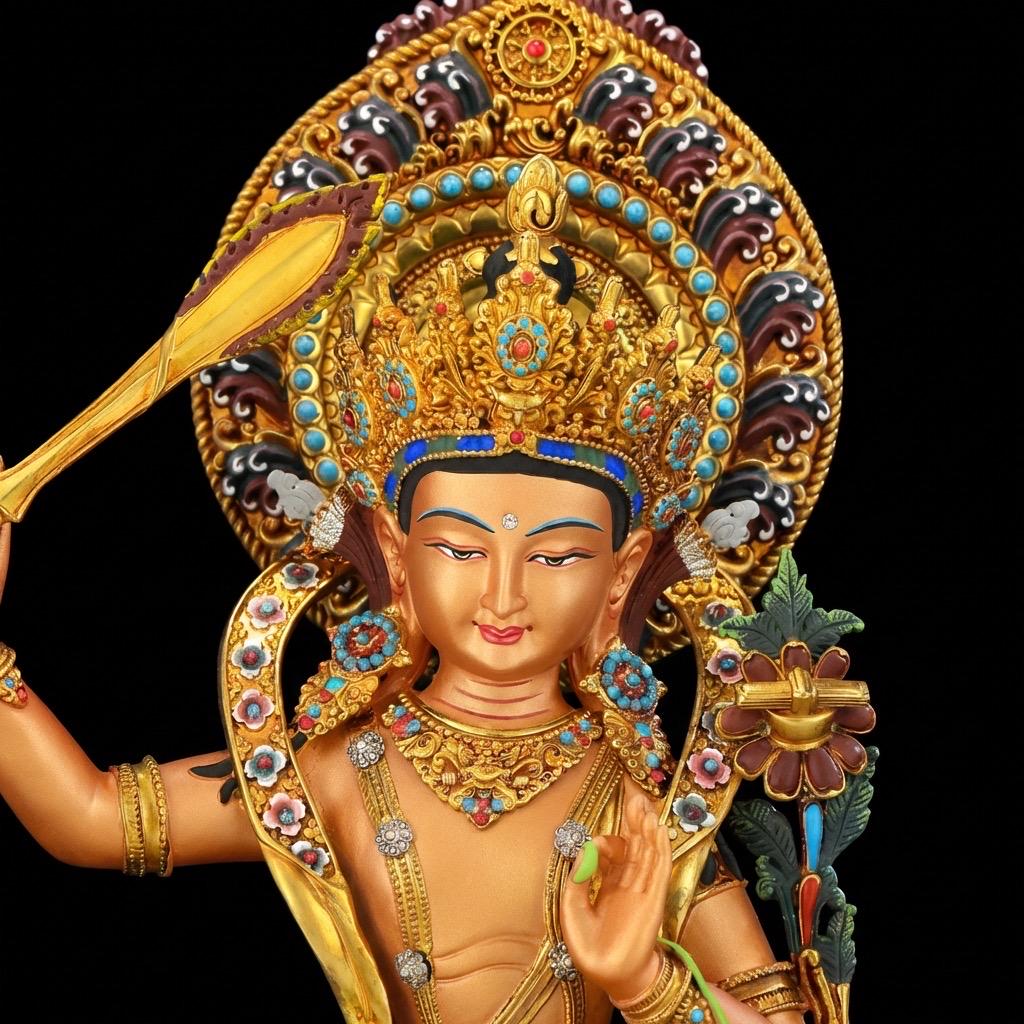 Hand Painted Manjushri Statue, Nepal Copper Colorful Bodhisattva, Wisdom Buddha Sword, Tibetan Buddhist Altar Decor, Zen Yoga Gift