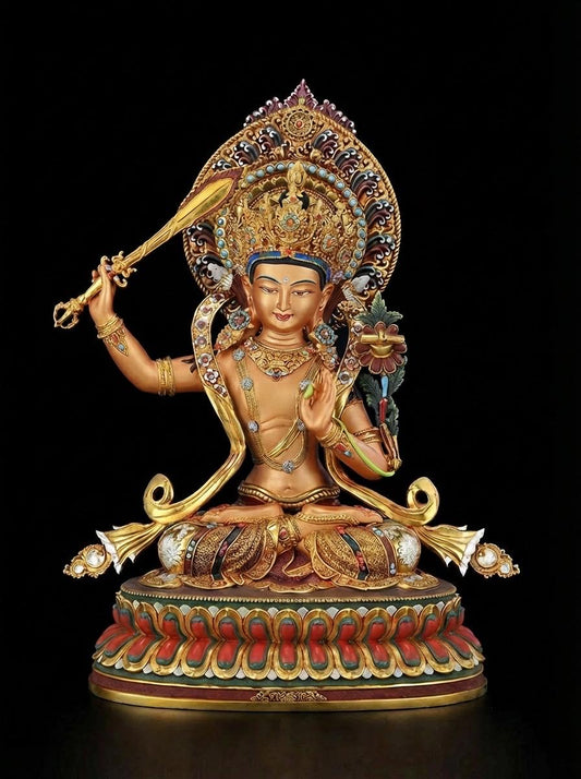 Hand Painted Manjushri Statue, Nepal Copper Colorful Bodhisattva, Wisdom Buddha Sword, Tibetan Buddhist Altar Decor, Zen Yoga Gift