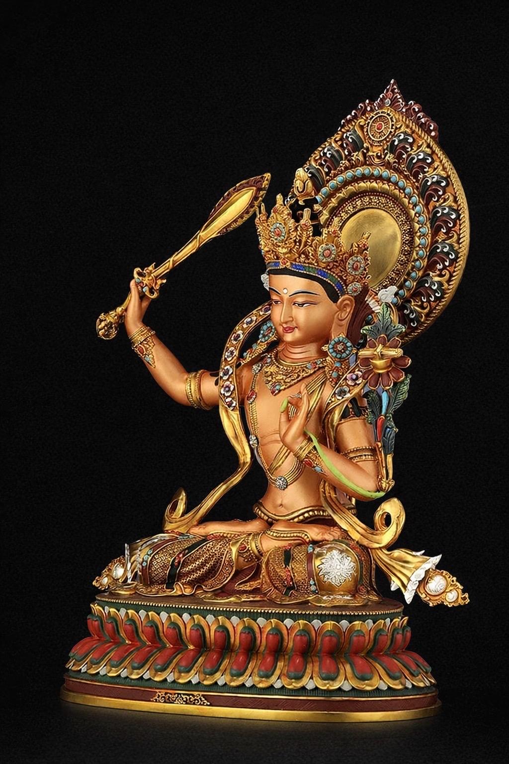 Hand Painted Manjushri Statue, Nepal Copper Colorful Bodhisattva, Wisdom Buddha Sword, Tibetan Buddhist Altar Decor, Zen Yoga Gift