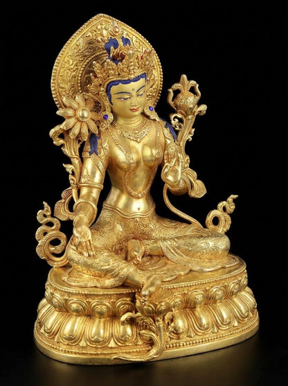 Nepali Green Tara Statue in 2 Styles - 5.9" Gold Gilded or Hand-Painted Tibetan Buddha - Copper Goddess Figurine for Home Altar & Meditation
