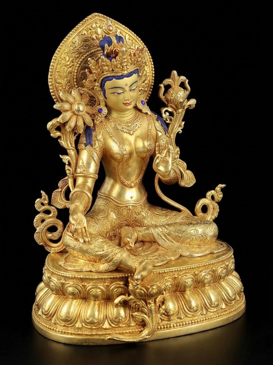 Nepali Green Tara Statue in 2 Styles - 5.9" Gold Gilded or Hand-Painted Tibetan Buddha - Copper Goddess Figurine for Home Altar & Meditation