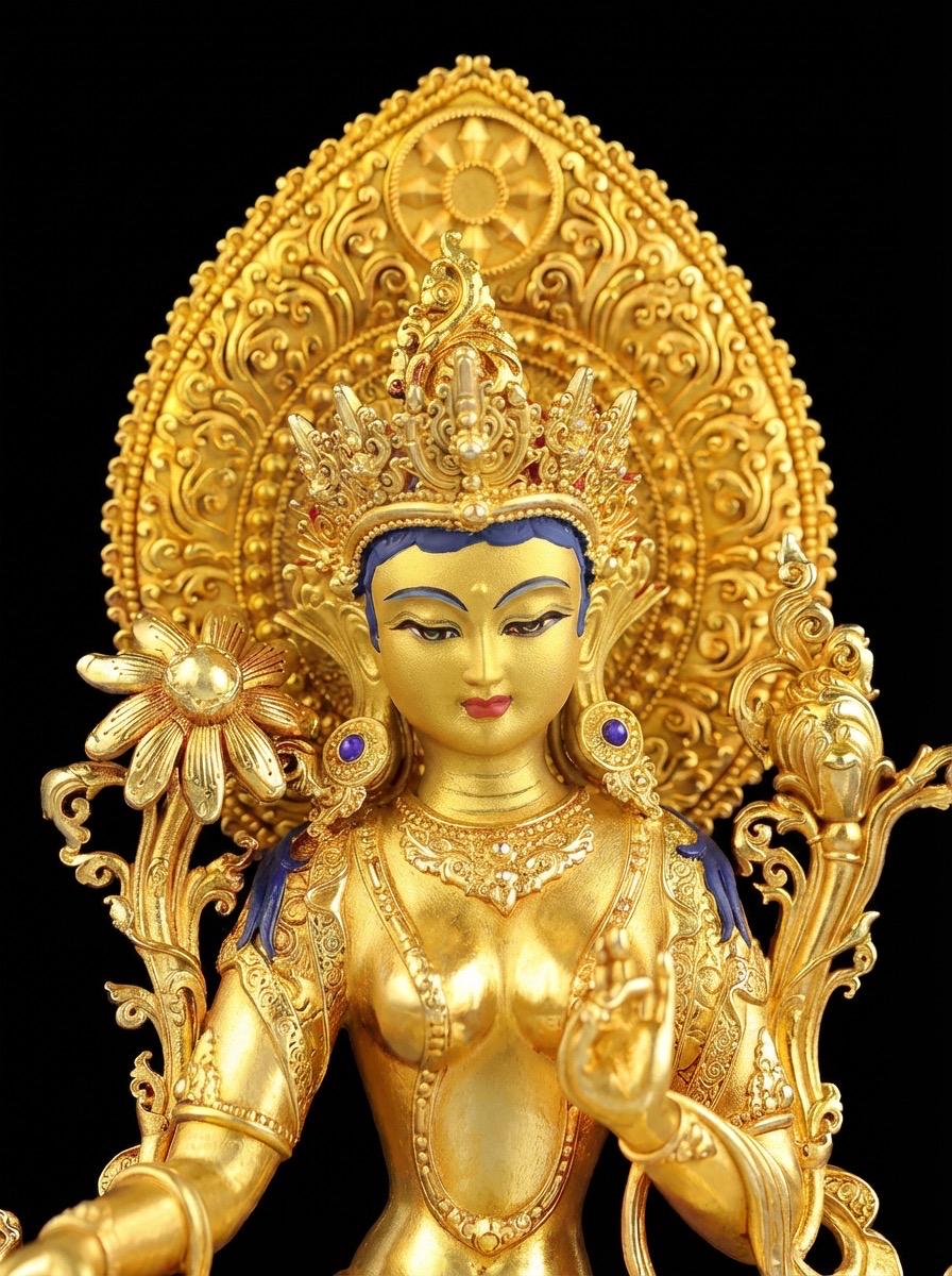Nepali Green Tara Statue in 2 Styles - 5.9" Gold Gilded or Hand-Painted Tibetan Buddha - Copper Goddess Figurine for Home Altar & Meditation