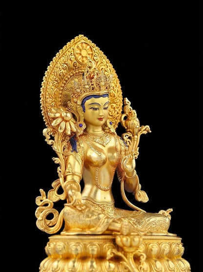 Nepali Green Tara Statue in 2 Styles - 5.9" Gold Gilded or Hand-Painted Tibetan Buddha - Copper Goddess Figurine for Home Altar & Meditation
