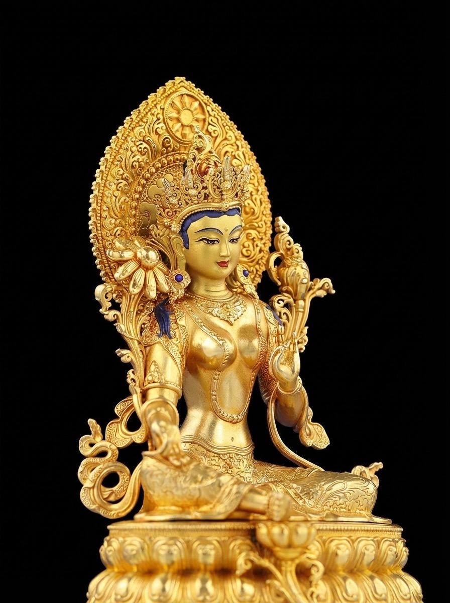 Nepali Green Tara Statue in 2 Styles - 5.9" Gold Gilded or Hand-Painted Tibetan Buddha - Copper Goddess Figurine for Home Altar & Meditation
