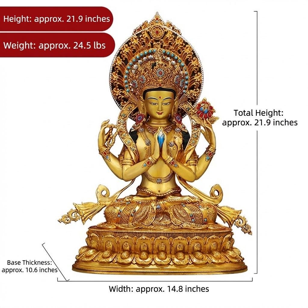 Nepali Handmade 24k Gold Gilded Four-Armed Chenrezig Statue - Tibetan Avalokiteshvara Buddha - Copper Buddhist Altar Decor - Spiritual Gift
