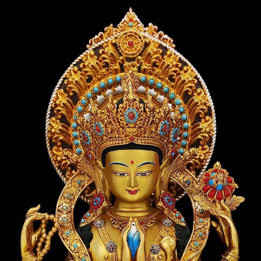 Nepali Handmade 24k Gold Gilded Four-Armed Chenrezig Statue - Tibetan Avalokiteshvara Buddha - Copper Buddhist Altar Decor - Spiritual Gift