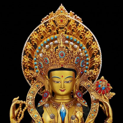 Nepali Handmade 24k Gold Gilded Four-Armed Chenrezig Statue - Tibetan Avalokiteshvara Buddha - Copper Buddhist Altar Decor - Spiritual Gift