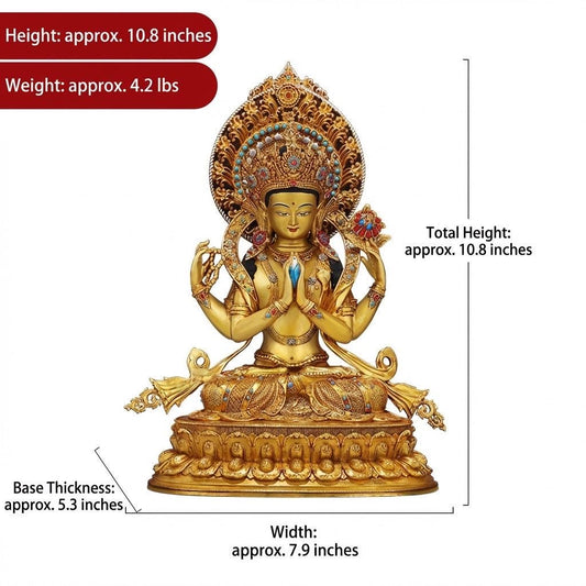 Nepali Handmade 24k Gold Gilded Four-Armed Chenrezig Statue - Tibetan Avalokiteshvara Buddha - Copper Buddhist Altar Decor - Spiritual Gift