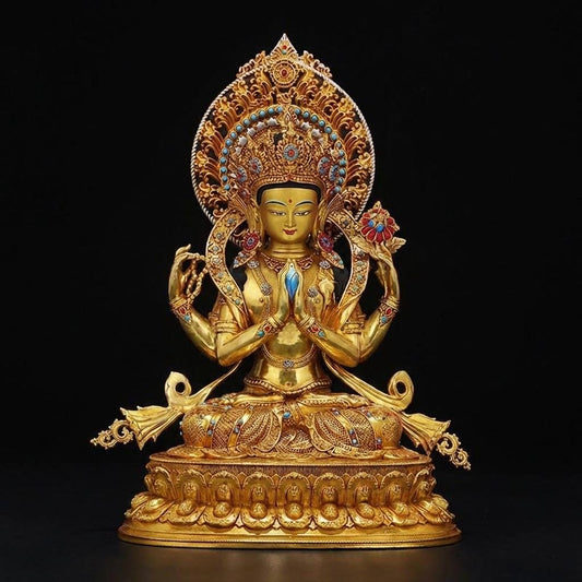 Nepali Handmade 24k Gold Gilded Four-Armed Chenrezig Statue - Tibetan Avalokiteshvara Buddha - Copper Buddhist Altar Decor - Spiritual Gift