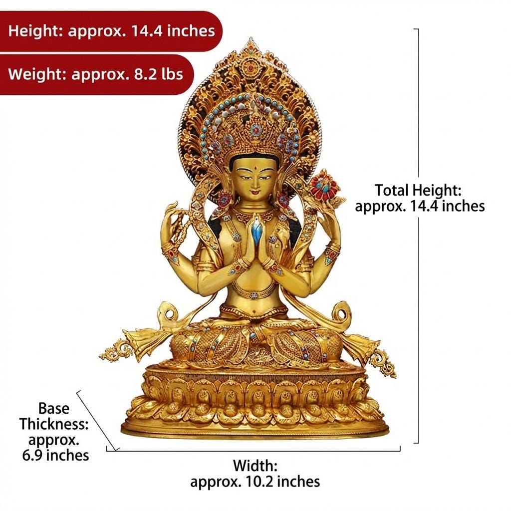 Nepali Handmade 24k Gold Gilded Four-Armed Chenrezig Statue - Tibetan Avalokiteshvara Buddha - Copper Buddhist Altar Decor - Spiritual Gift