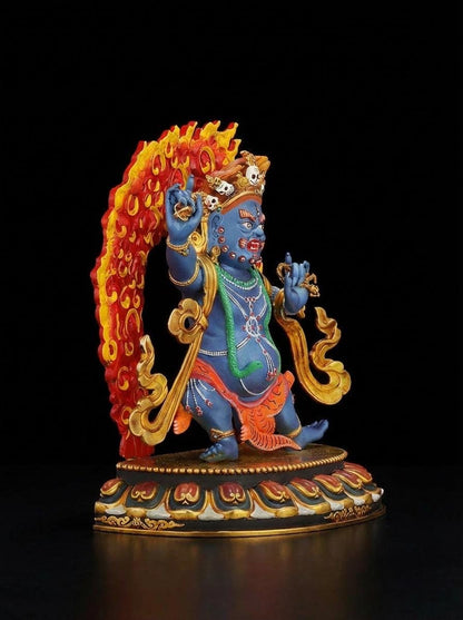 Handcrafted Vajrapani Statue - 10.6" Nepali Copper Buddha - Tibetan Buddhist Painted Bodhisattva with Flaming Backlight