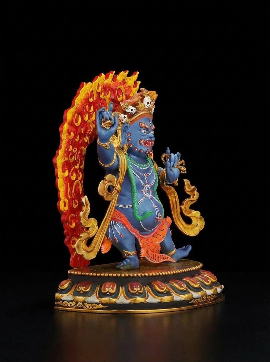 Handcrafted Vajrapani Statue - 10.6" Nepali Copper Buddha - Tibetan Buddhist Painted Bodhisattva with Flaming Backlight