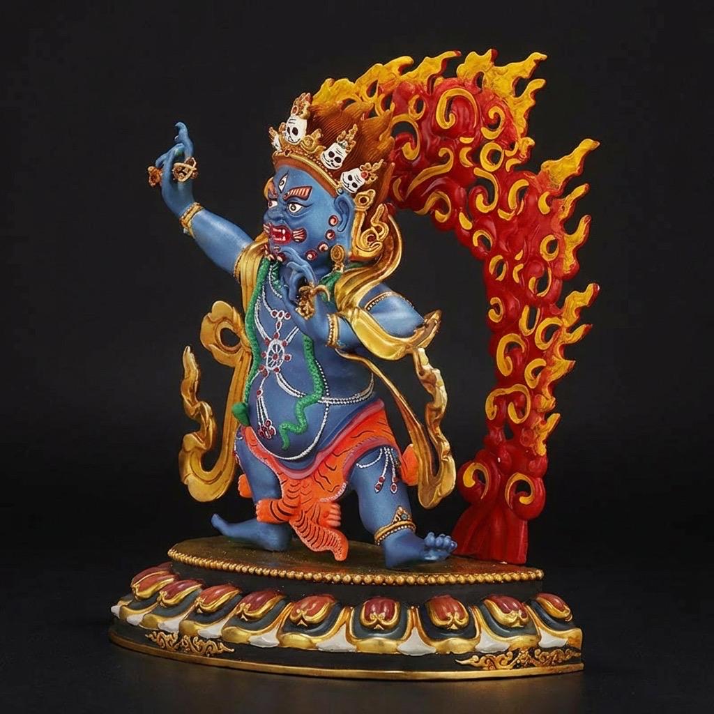 Handcrafted Vajrapani Statue - 10.6" Nepali Copper Buddha - Tibetan Buddhist Painted Bodhisattva with Flaming Backlight