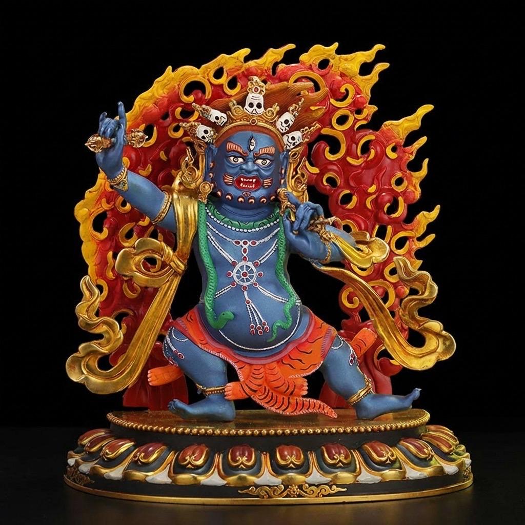 Handcrafted Vajrapani Statue - 10.6" Nepali Copper Buddha - Tibetan Buddhist Painted Bodhisattva with Flaming Backlight