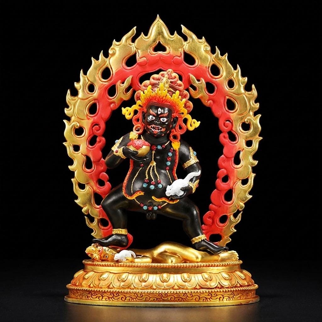 Handmade Black Jambhala Statue - Tibetan God of Wealth - 10.6" Nepalese Copper Painted Buddhist Deity - Feng Shui Wealth Protector