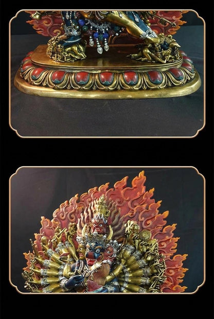 Vajrabhairava Statue - Tibetan Yamantaka Buddha with Hand-painted Halo - Nepalese Bronze Art - Tantric Buddhist Protector Sculpture