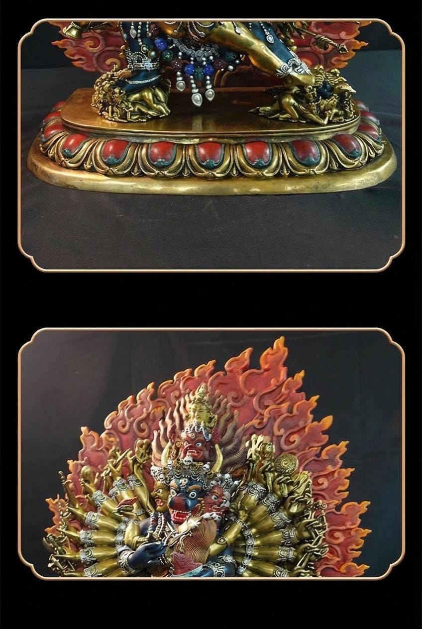 Vajrabhairava Statue - Tibetan Yamantaka Buddha with Hand-painted Halo - Nepalese Bronze Art - Tantric Buddhist Protector Sculpture