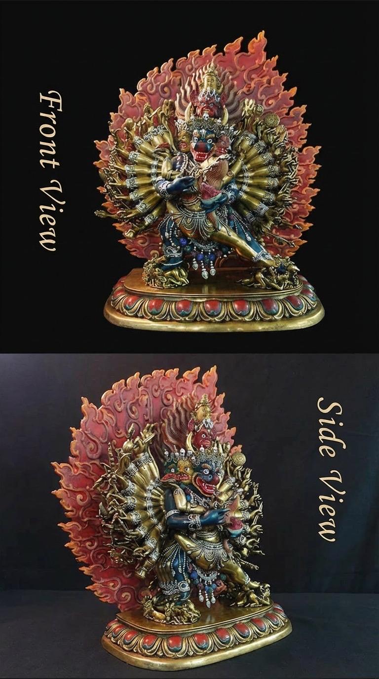 Vajrabhairava Statue - Tibetan Yamantaka Buddha with Hand-painted Halo - Nepalese Bronze Art - Tantric Buddhist Protector Sculpture