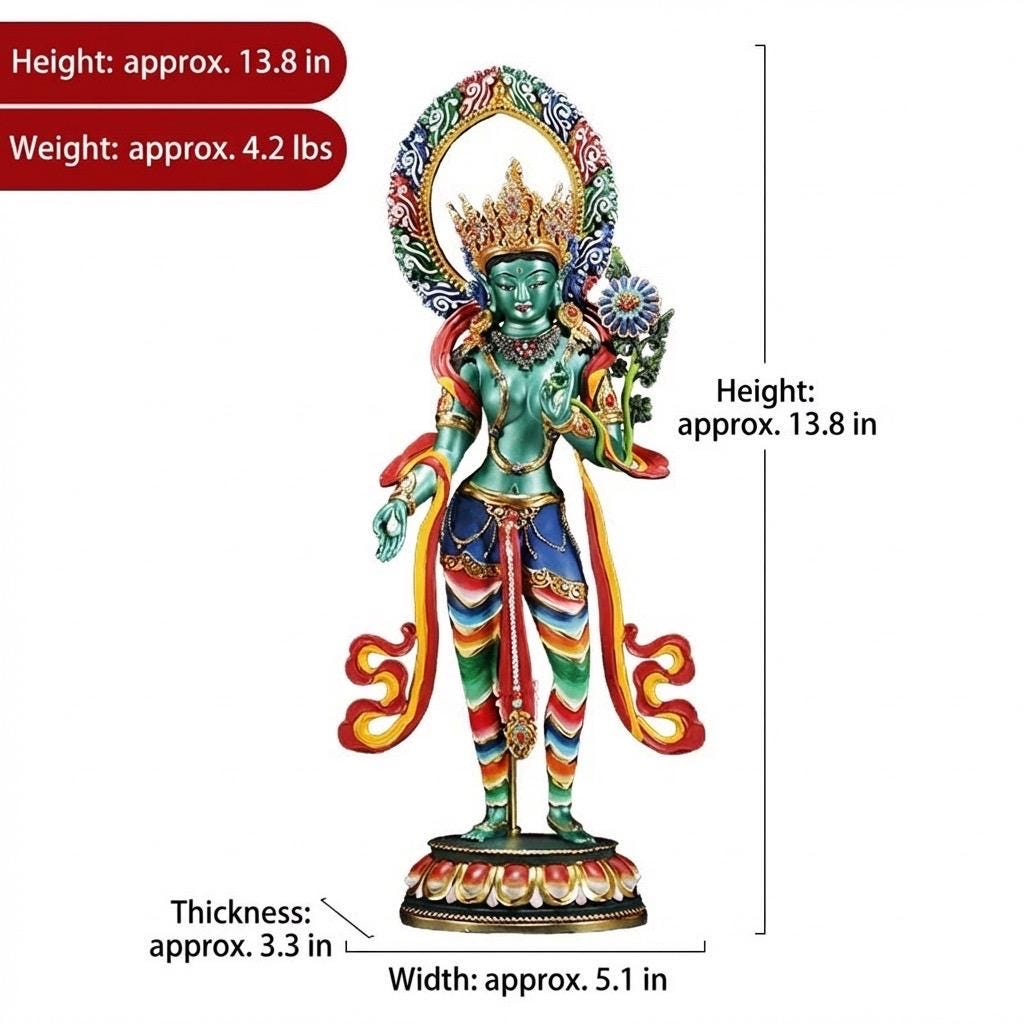 Green Tara Bodhisattva Statue, Hand-Engraved Copper Buddha, Nepali Painted Buddhist Deity, Zen Home Decor, Mindfulness Altar Accessory