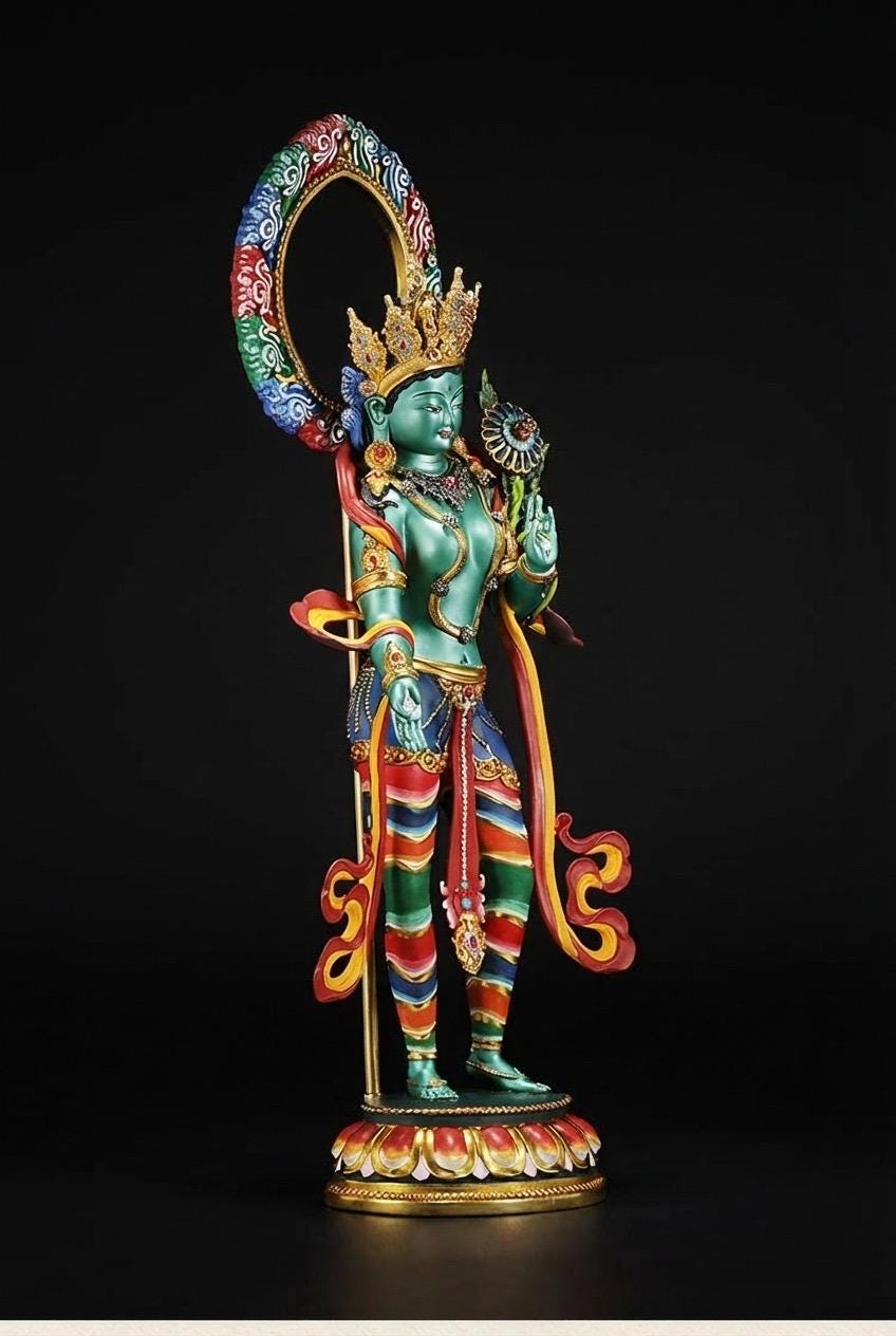 Green Tara Bodhisattva Statue, Hand-Engraved Copper Buddha, Nepali Painted Buddhist Deity, Zen Home Decor, Mindfulness Altar Accessory